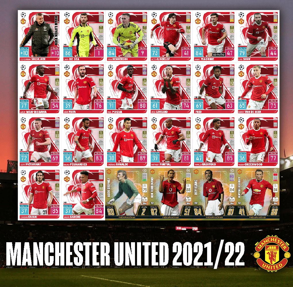 Trọn bộ 24 thẻ cầu thủ bóng đá Câu lạc bộ Manchester United mùa 2021-2022 kích thước thẻ Poca.