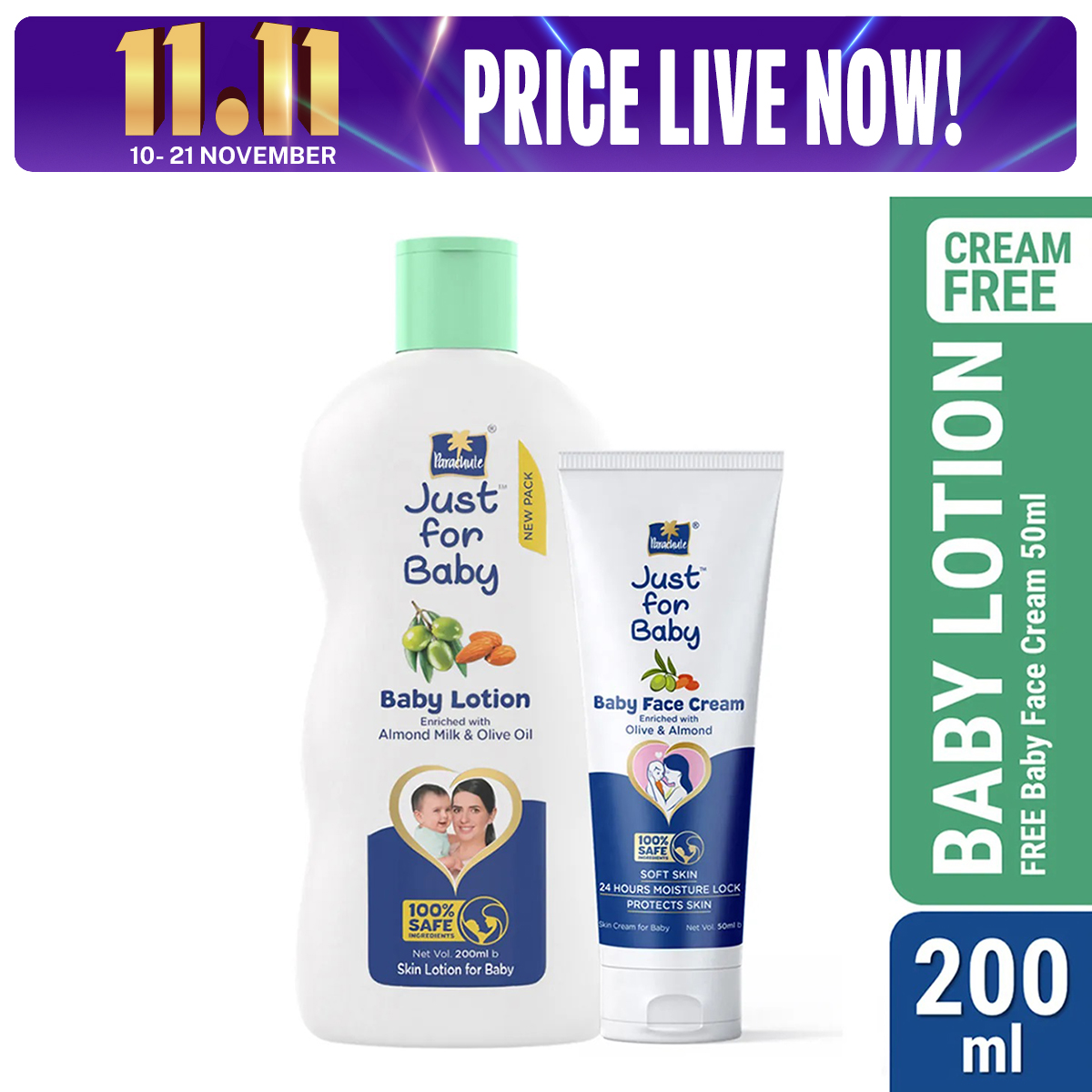 Parachute Just for Baby - Baby Lotion 200ml (Baby Face Cream 50g FREE)