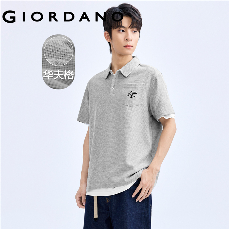GIORDANO Men Polo Shirts Embroidered Single Pocket Polo Shirts Short Sleeve Waffle Fashion Casual Loose Polo Shirts 18014604