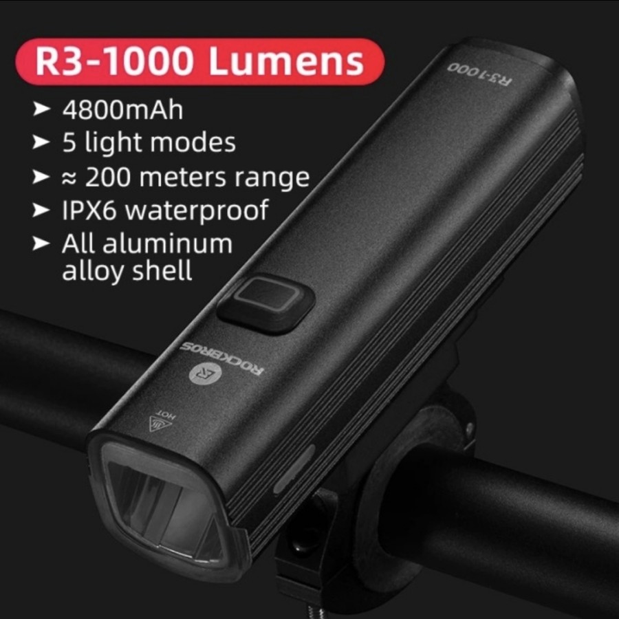 ROCKBROS R3-1000 Lampu Depan Sepeda 1000 lumens T40 Power Bank 4800mAh ...