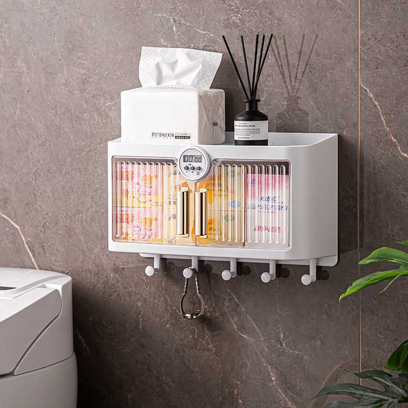 Bathroom shelves, wall-hung high-end wall, bathroom cabinets, tissue boxes, mask storage boxes, simple timing storage boxes,Plastic,Save space