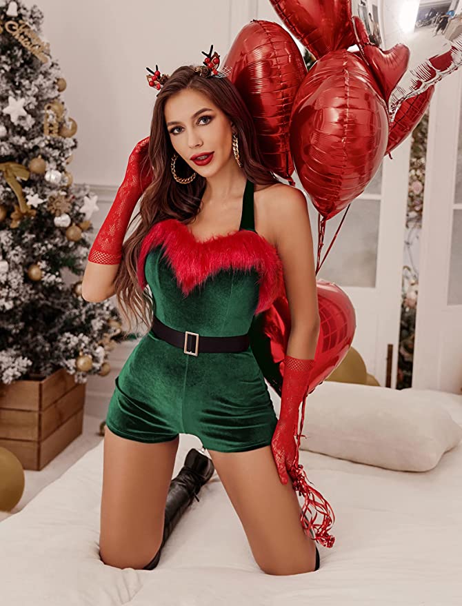 Women's Mrs. Claus Costume, Sleeveless Faux Fur Trim Halter Romper Short Jumpsuit