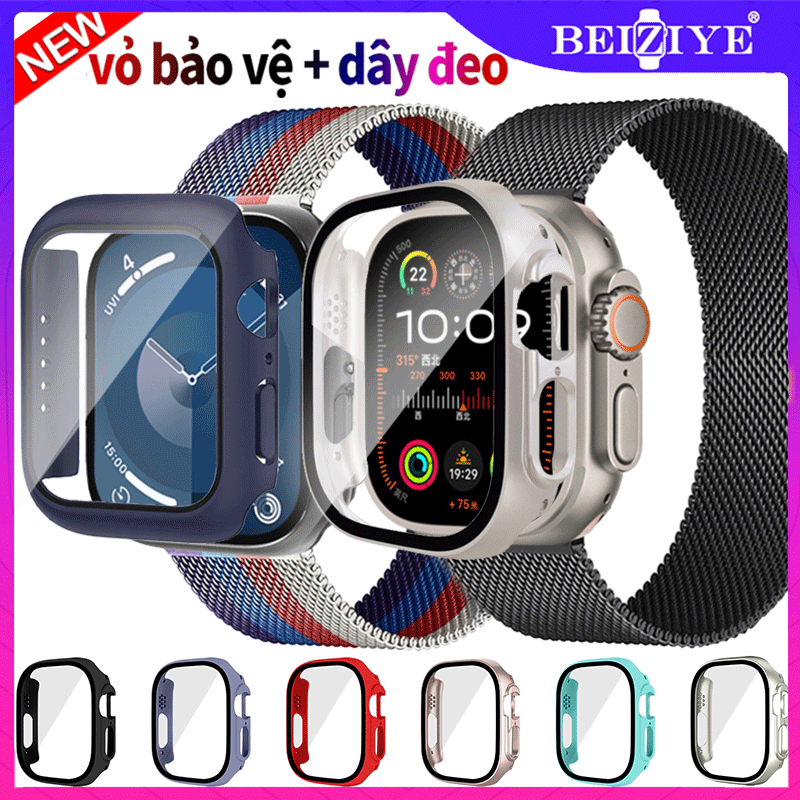 Dây đeo + Ốp lưng cho Apple Watch Ultra 2 Band 49mm Vòng đeo tay bằng kim loại thép không gỉ Đồng hồ đeo tay iWatch Series 9 8 7 SE 6 45mm 41mm 44mm 40mm Phụ kiện đồng hồ thông minh bảo vệ màn hình Kính cường lực