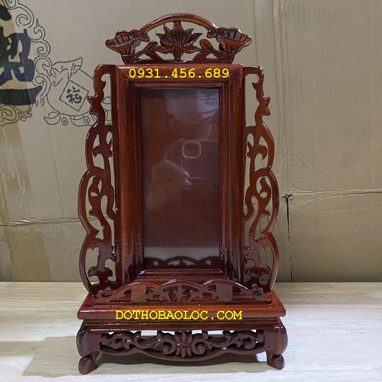 Bài vị thờ gia tiên gỗ hương chạm khắc ép kính viền hoa cao cấp cao 33cm
