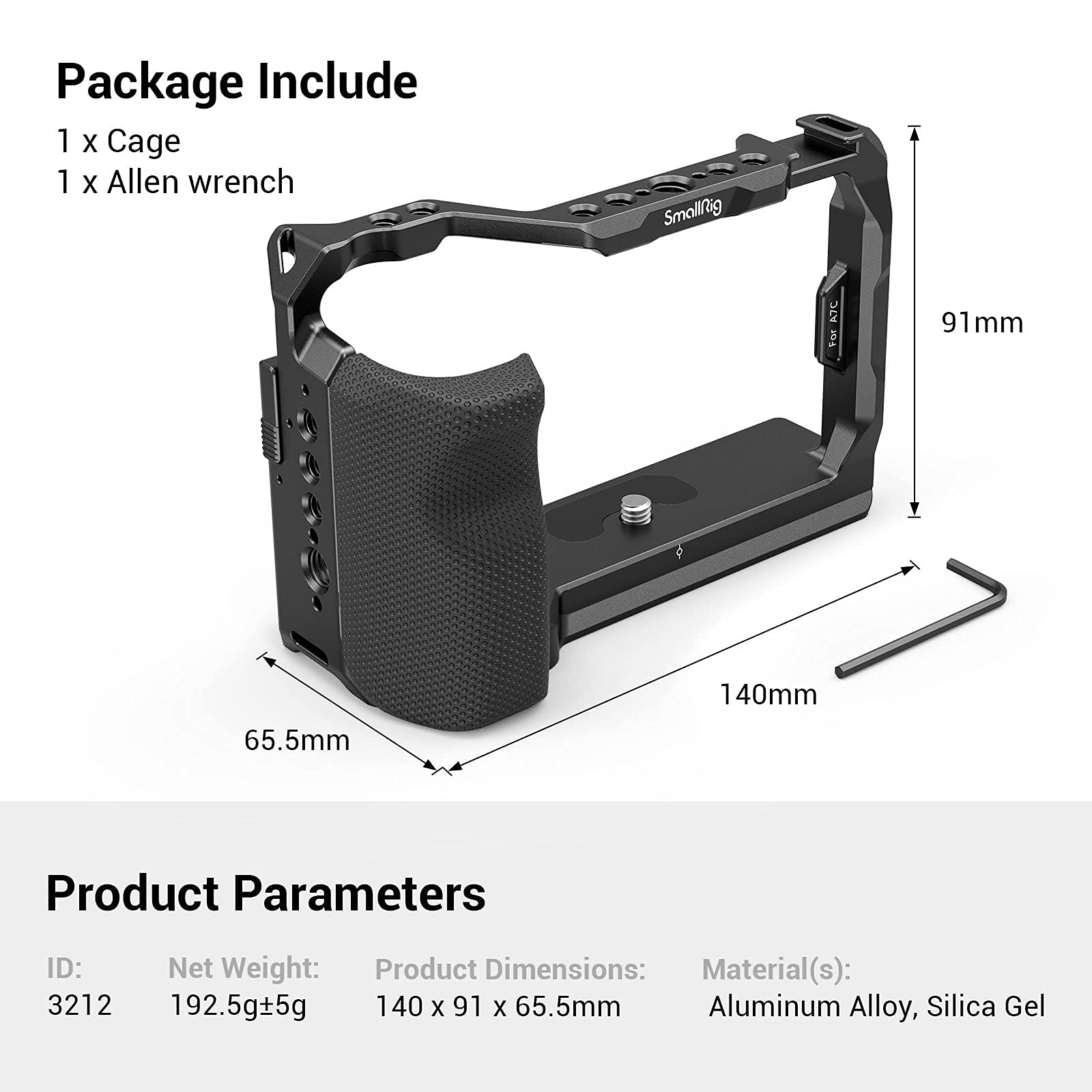 SmallRig A7C Cage with Side Silicone Handle Arca Swiss Base Plate for Sony A7C 3212
