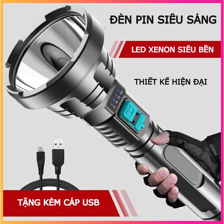 Đèn pin siêu sáng cầm tay cáp sạc micro USB chiếu xa 500m+ Đèn Pin Dài 46cm