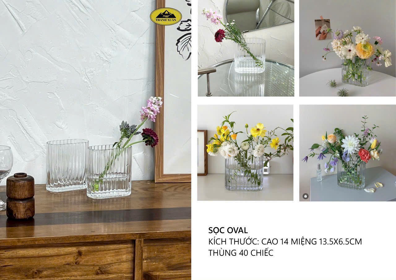 Bình bông thủy tinh kiểu giỏ hoa sọc oval / lọ cắm hoa thủy tinh cao 14cm