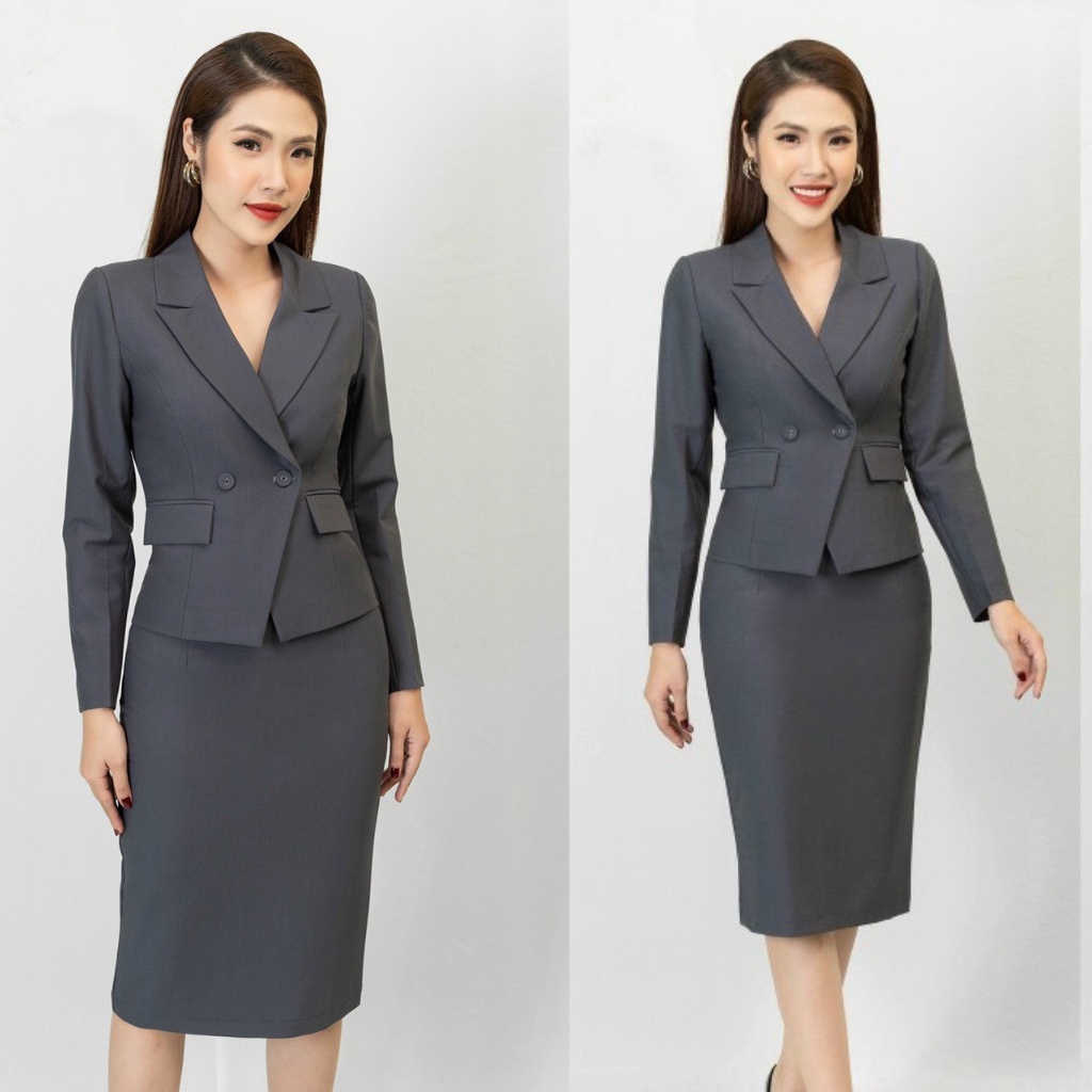 Set vest công sở phối áo vest tay dài và chân váy ôm, bộ vest 2 lớp hàng thiết kế phong cách sang trọng