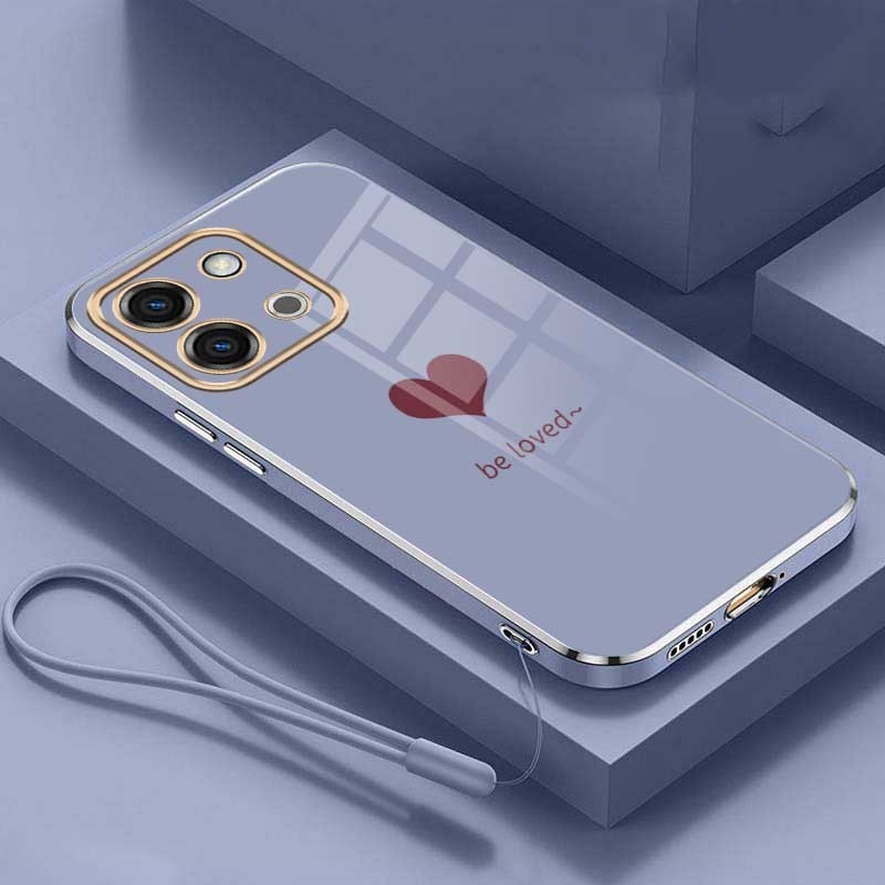 Vivo Y28 Y18 Y18s VivoY28 Luxury Love Heart Casing Square Edges Plating Back TPU Soft Case with Lanyard Cover. 