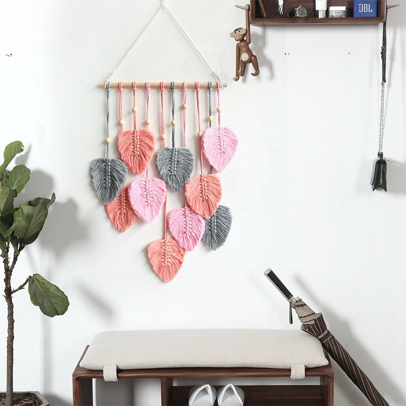 Chic Feather Boho Macrame Wall Decor Handmade Yarn Tassels Woven Wall Art Leaf Tapestry Decoration