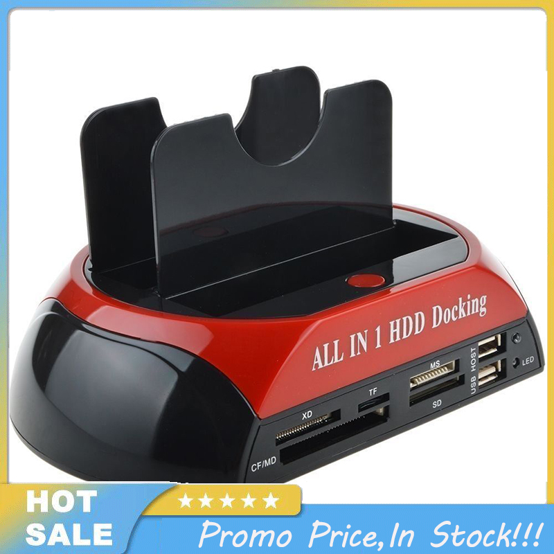 Dual Slots SATA Hard Drive Docking Station Card Reader for 2.5" 3.5" HDD