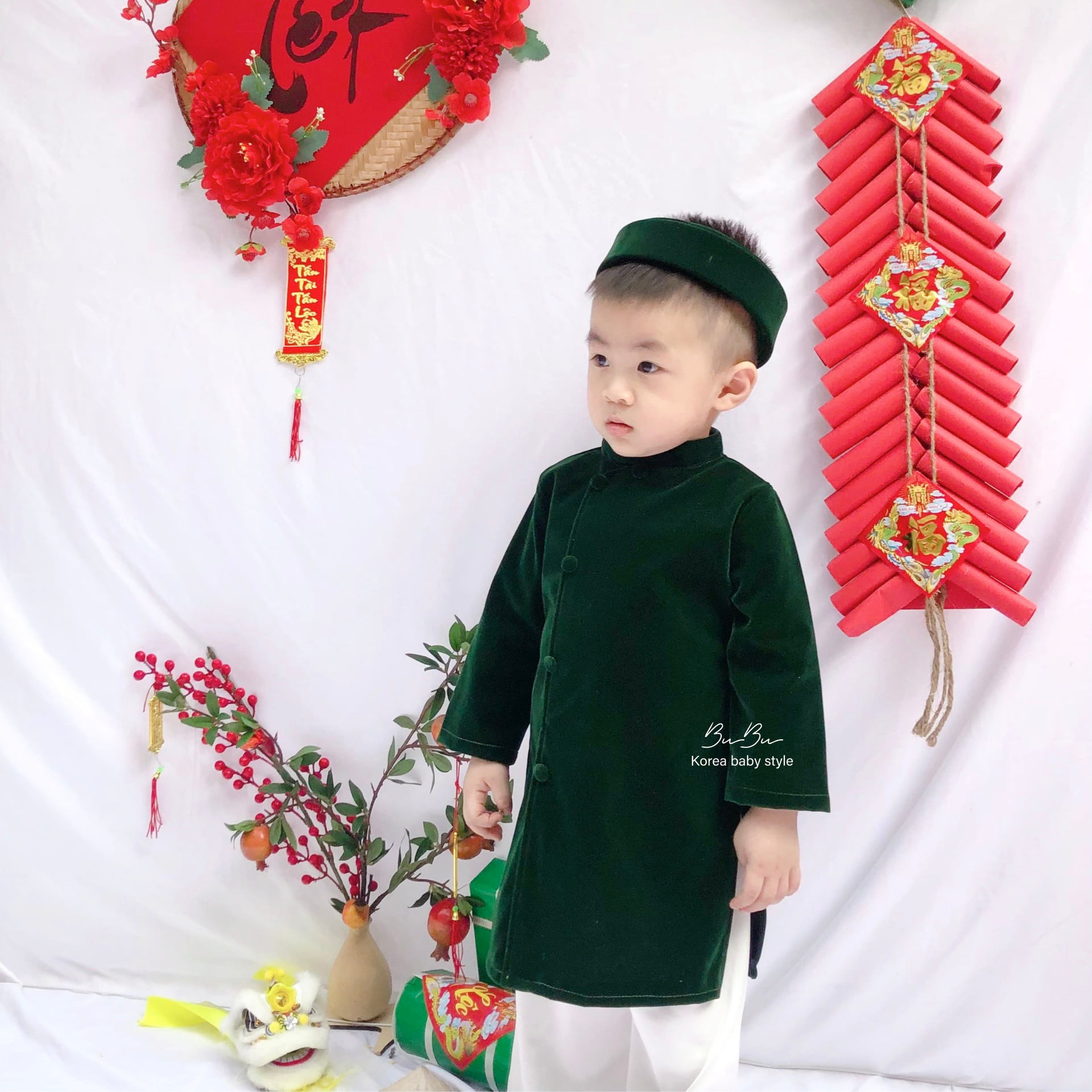 Áo Dài Nhung Thiết Kế Cho Bé Trai (Kèm Quần Lụa Và Mấn)