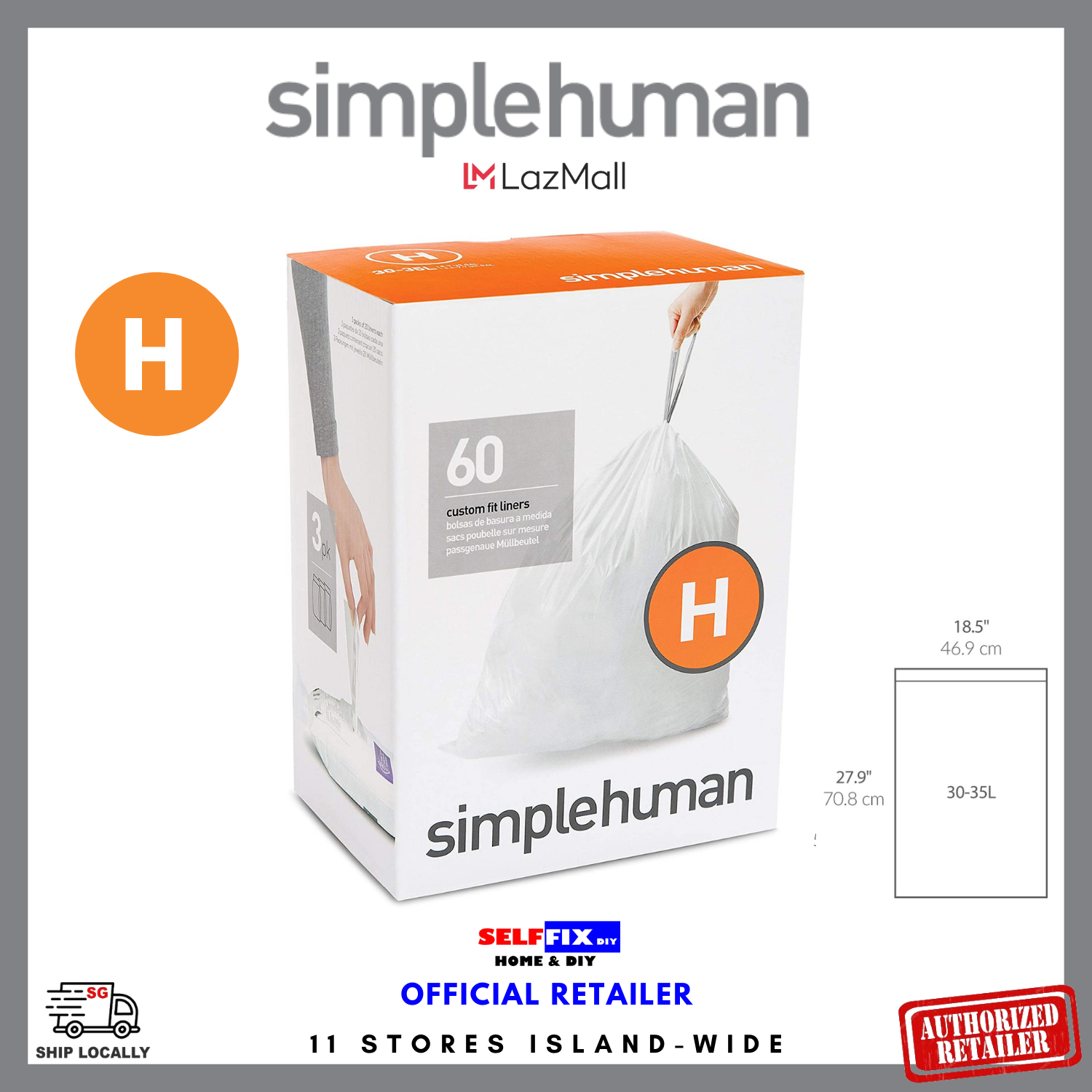 simplehuman Code H Custom Fit Liners (30-35L) - 60pcs (3pk x 20) - Trash  Bin Refill Bags - CW0258