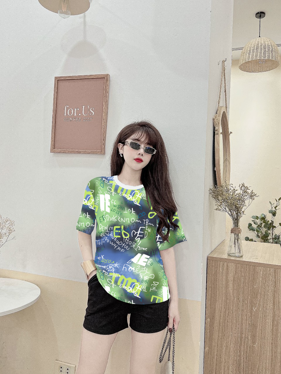 Đồ bộ thun đùi họa tiết in 3D xanh lá