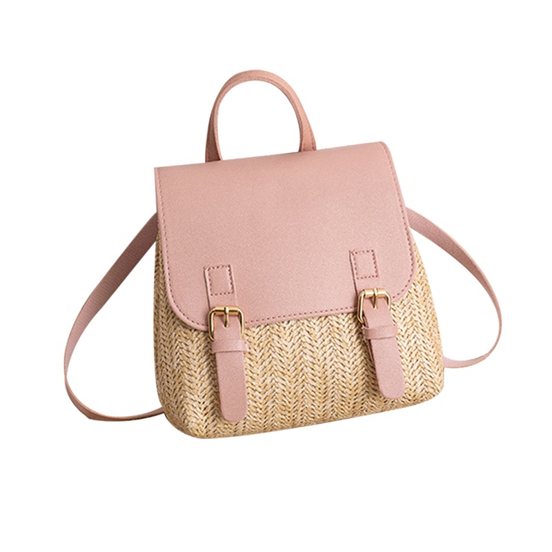 Straw Backpack Women's Fashion Shoulder Bag Versatile Straw Woven PU Leather Elegant Small Backpack