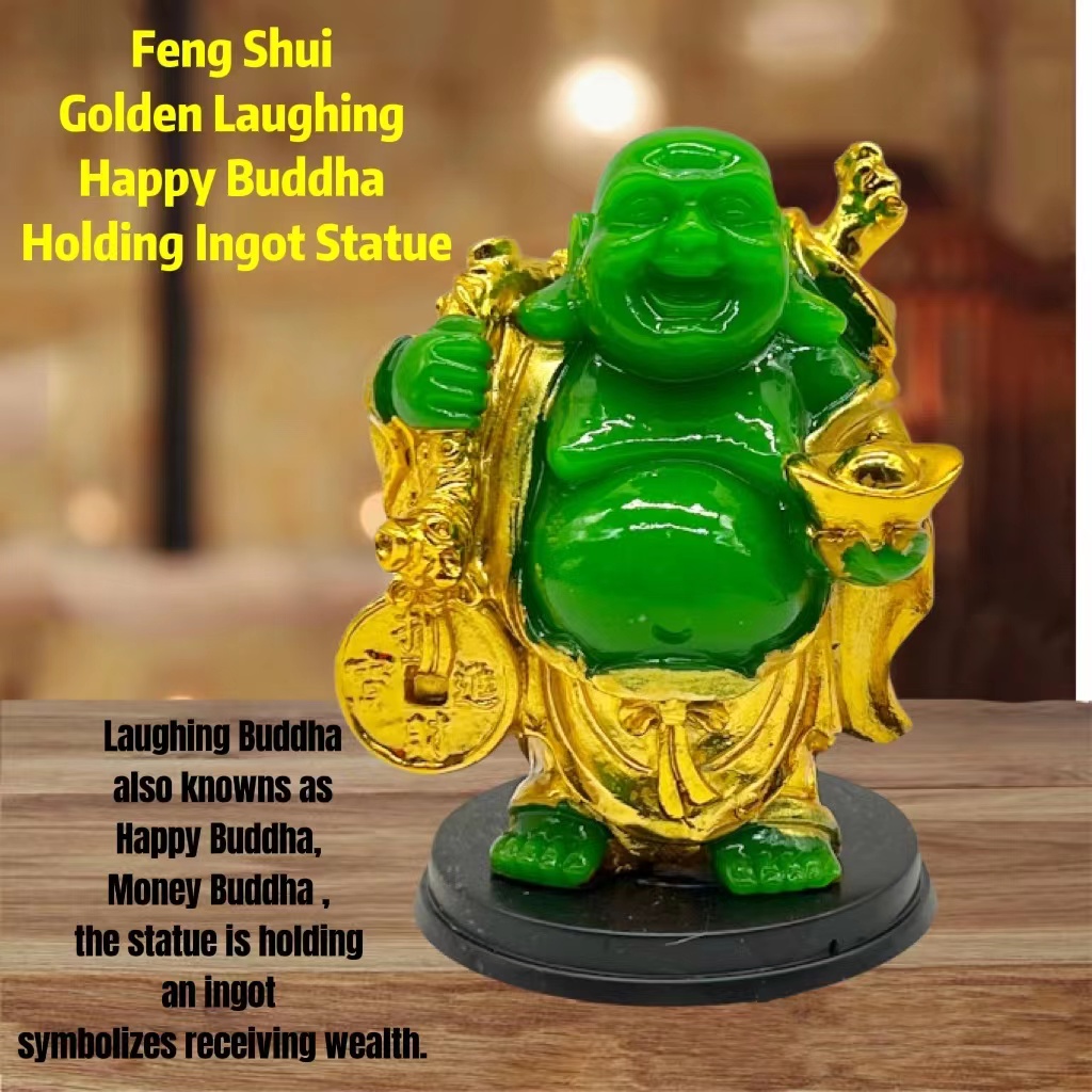 Feng Shui Gold and Jade Laughing Happy Buddha Holding Ingot Statue