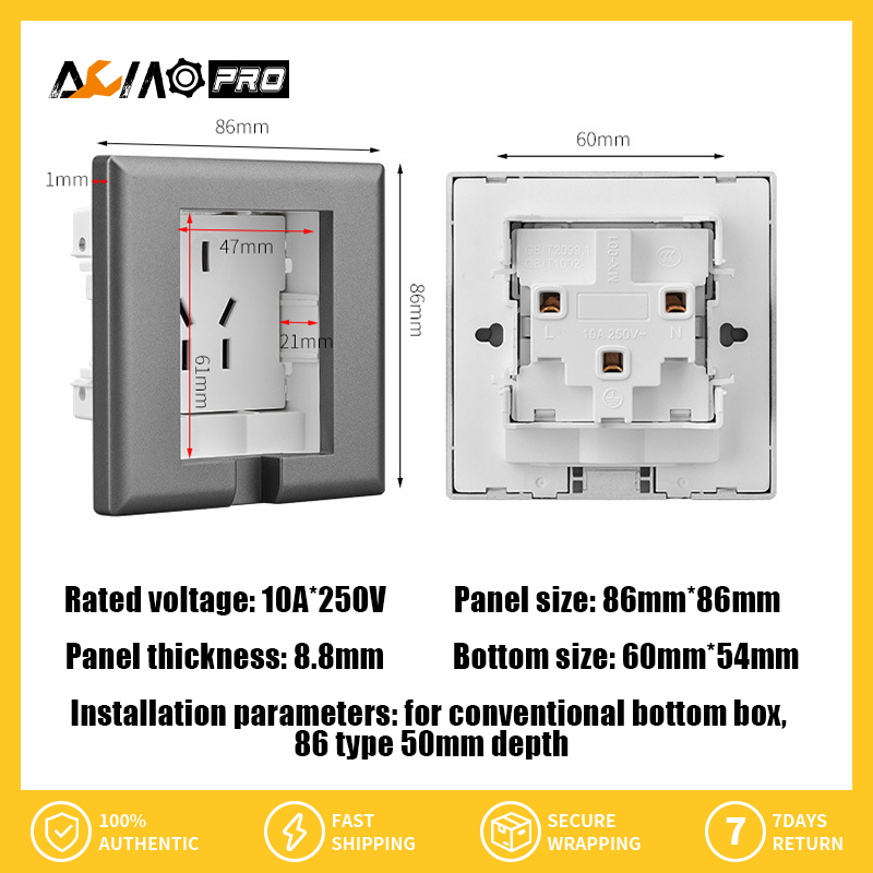 Aumopro 1PC 86 loại tường ẩn Ổ cắm ổ cắm phổ thông ổ cắm nhúng 10A/16A ổ cắm tường Bảng điều khiển Ổ cắm điện với bìa-không thấm nước Splashproof điều chỉnh độ sâu