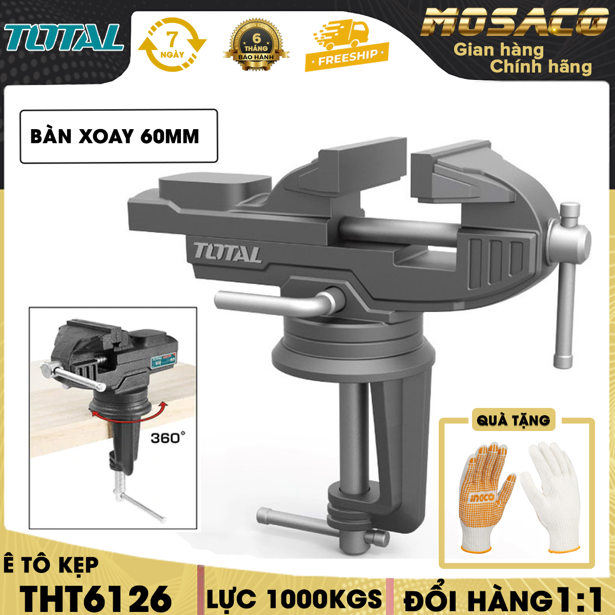 Ê tô kẹp TOTAL THT6126 l ực kẹp tối đa 1000KGS. Ê tô cơ khí Kích thước bàn xoay 60mm, thép hợp kim cao cấp giữ chặt chi tiết ống thép, thanh thép, kẹp bàn - Mosaco Tools and Home Improvement