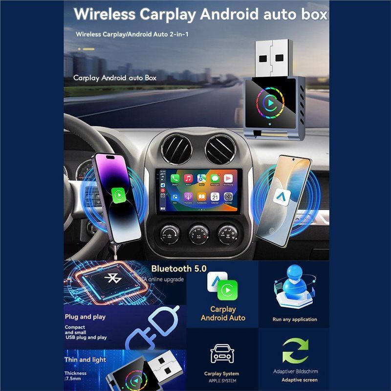 Smart AI Box 2IN1 Wireless CarPlay Android Auto Adapter RGB BT+ WIFI USB Dongle Plug Play Convert Conversion Wired to Wireless.