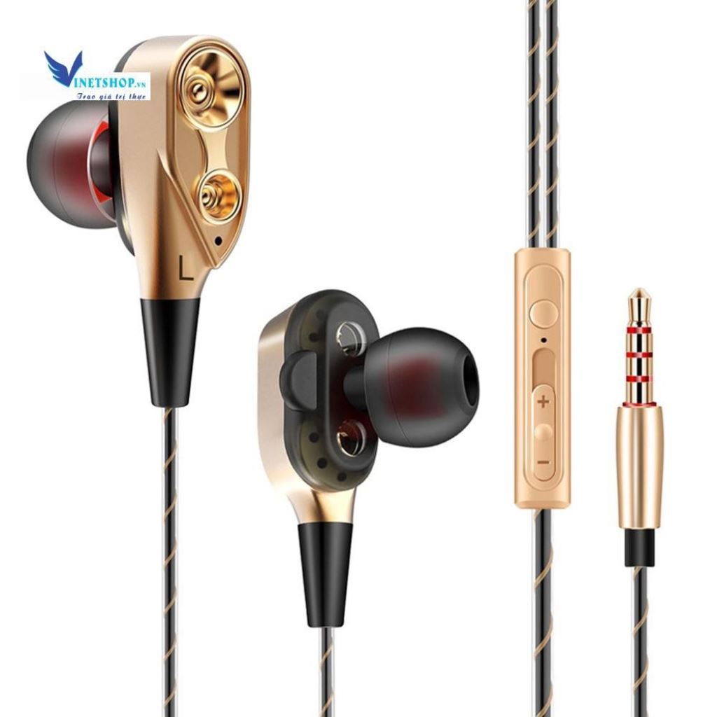 Tai Nghe có dây âm thanh hifi jack 3.5 mic đàm thoại, tai nghe lõi kép nhét tai 4 loa mini, 4 sợi cuốn loa supper bass siêu trầm cực mạnh đa năng đi phượt dùng cho mọi điện thoại giá rẻ 15k