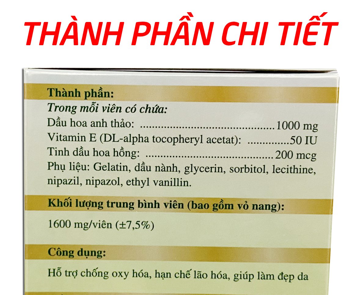 Viên uống dầu hoa anh thảo 1000mg, dầu hoa hồng, vitamin E giúp đẹp da, chống lão hóa da - Chai 30 viên dùng 1 tháng