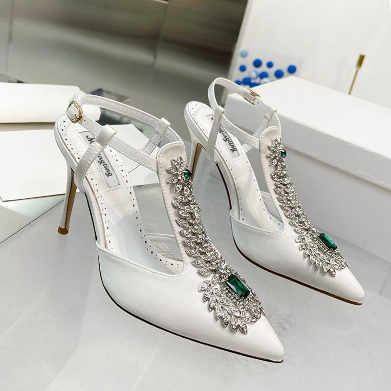 Ladies Wedding Shoes Rhinestone Pointed Toe High Heels Satin Gemstone Stiletto Sandals 2022 New Baotou Fairy Pump Wedding Shoes