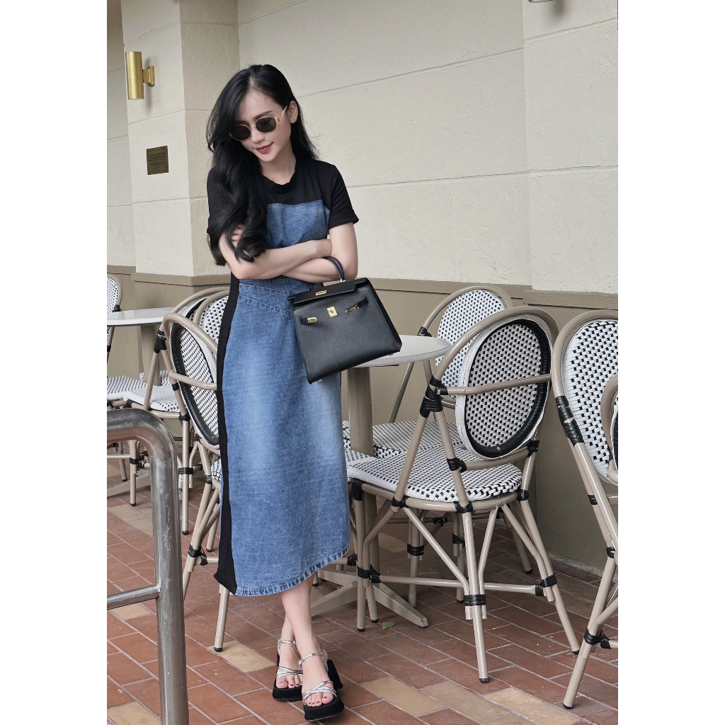 ĐẦM MIDI ĐEN JEAN PHỐI WAS SUÔNG (TH)