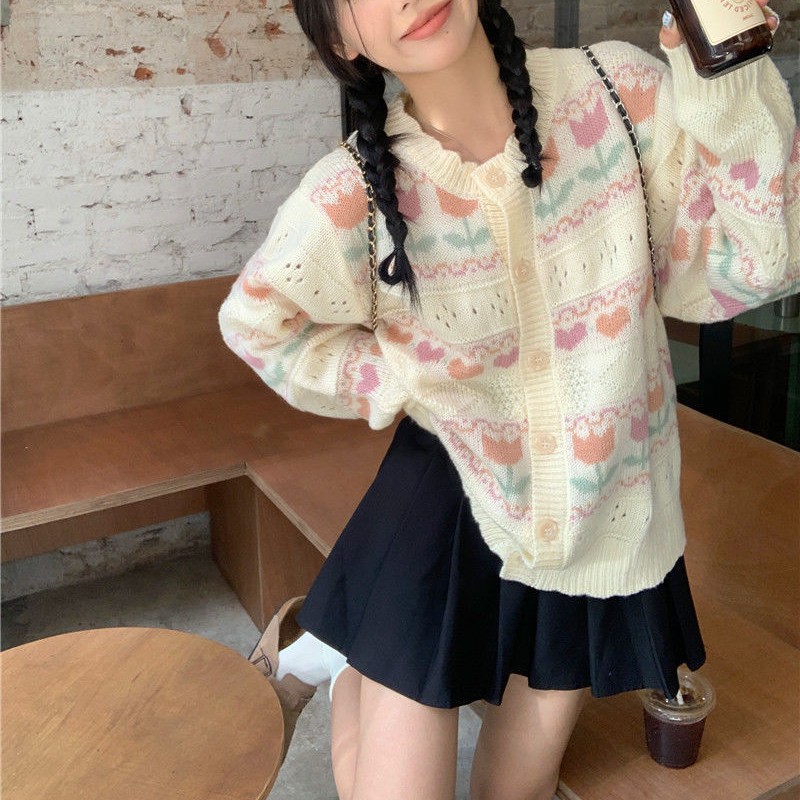 Guima women's new all-match color-blocking knitted cardigan Korean flower soft waxy sweater coat