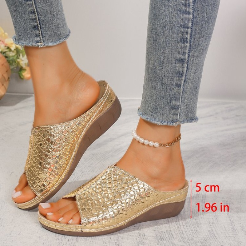 【Support-Cod】 Gold & Silver Wedge Sandals Women Summer Retro Clip-Toe Platform Thick Bottom Gladiator Shoes 43Plus