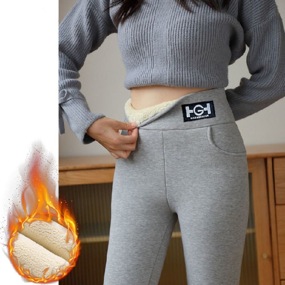 ZHONGCUI Linh hoạt Quần legging lót lông cừu Cạp cao Dày Quần legging lông mịn Đen Xám Mềm Quần legging giữ nhiệt Nữ Cô Gái