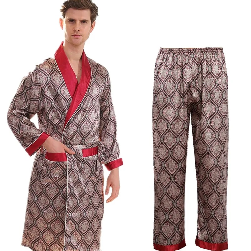 1 Robe Pants Pajama Set 7XL Two-Piece Men Bathrobe Shorts Suit Silk Sleepwear For Men Kimono Home Soft Cozy Long-Sleeved Bath Gown