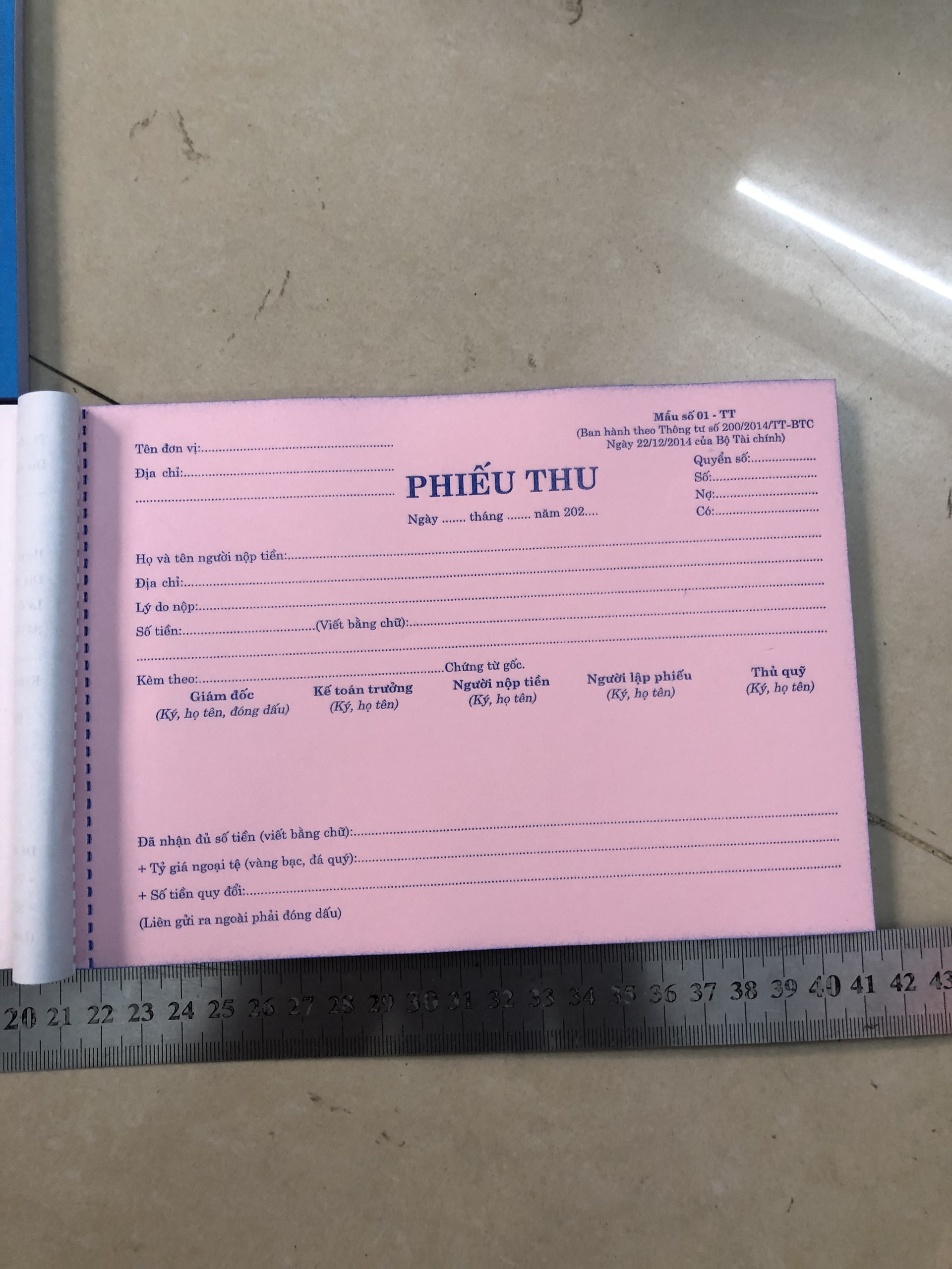 Phiếu Thu - Phiếu Chi kích thước 14x20,5Cm