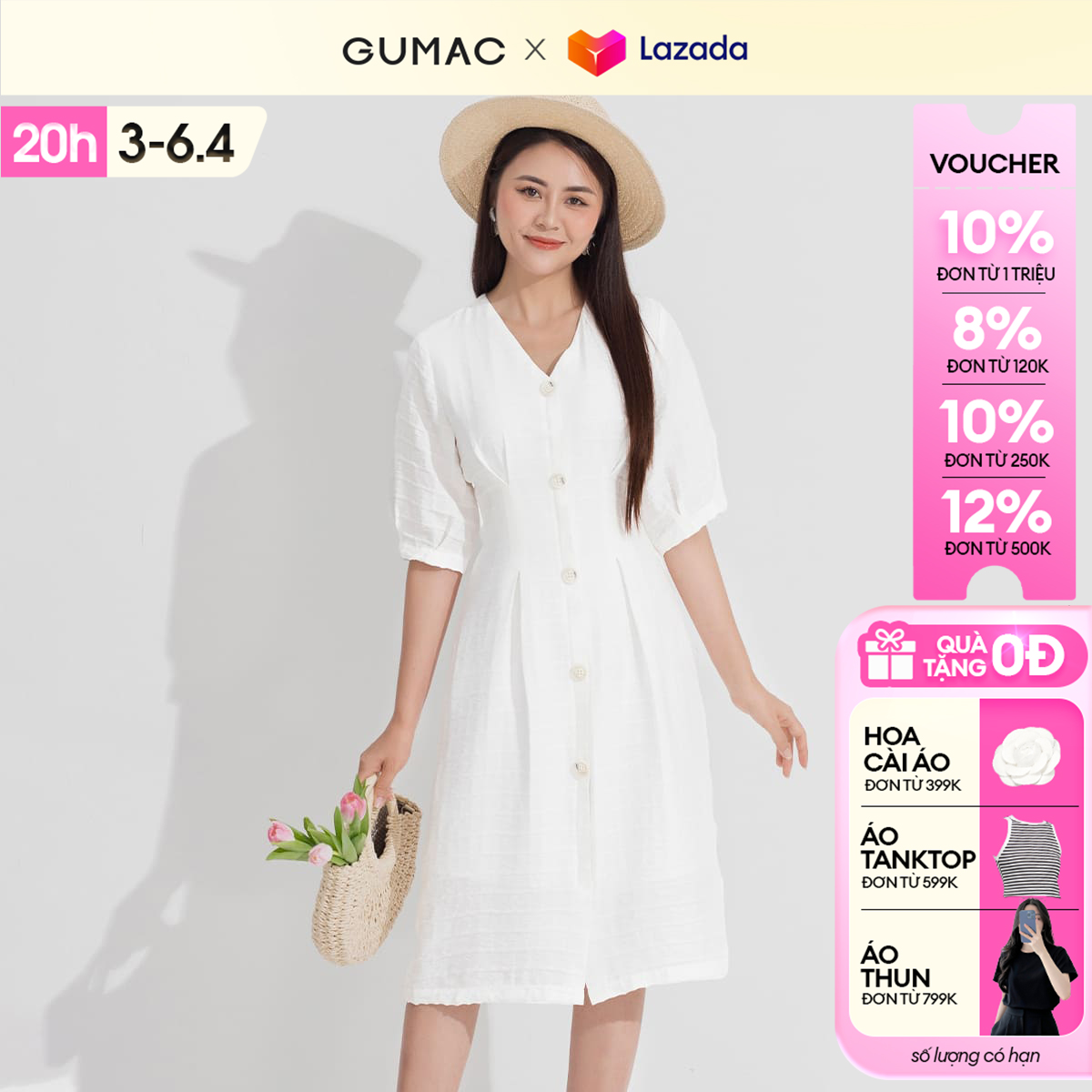 Đầm nữ cổ v phối nút GUMAC DD05056