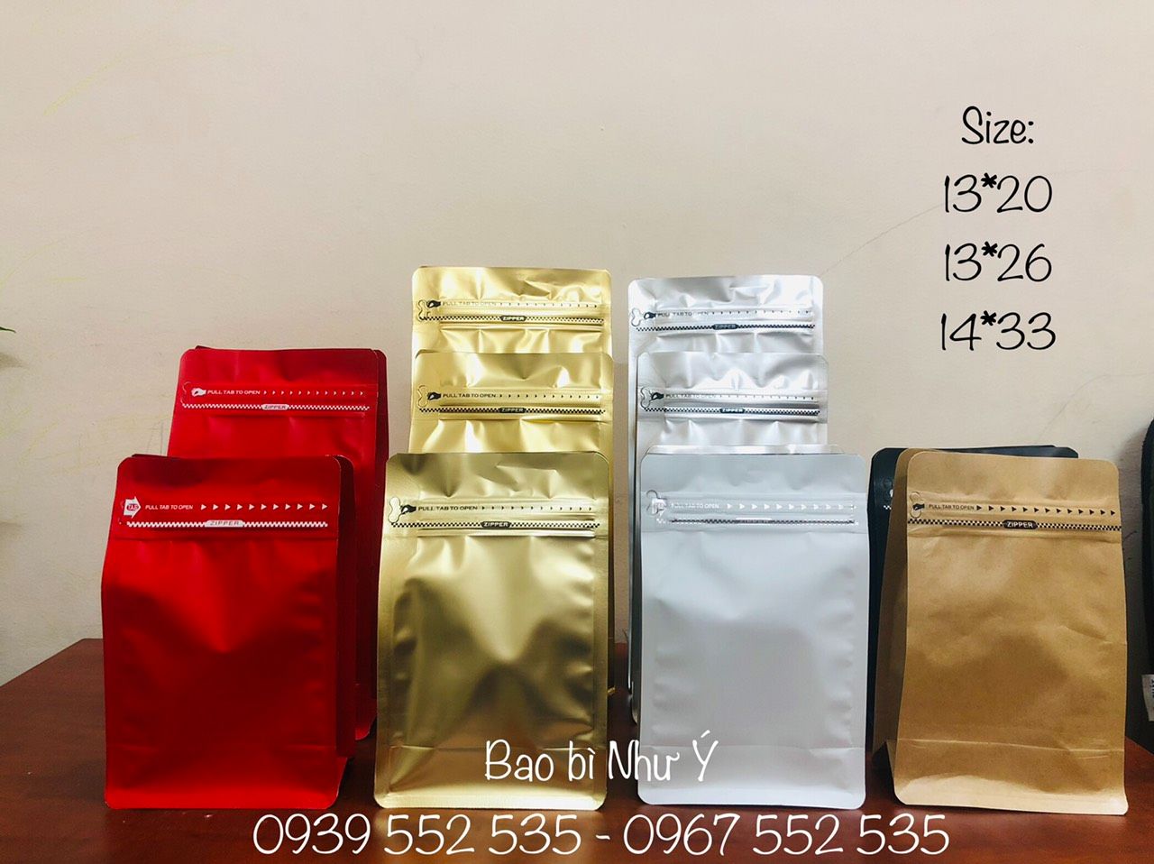 [1KG/SIZE]- TÚI ZIPPER 8 CẠNH ĐỰNG CAFE (MÀU TRẮNG - ĐỎ - ĐEN, GIẤY, BẠC, ĐỒNG)