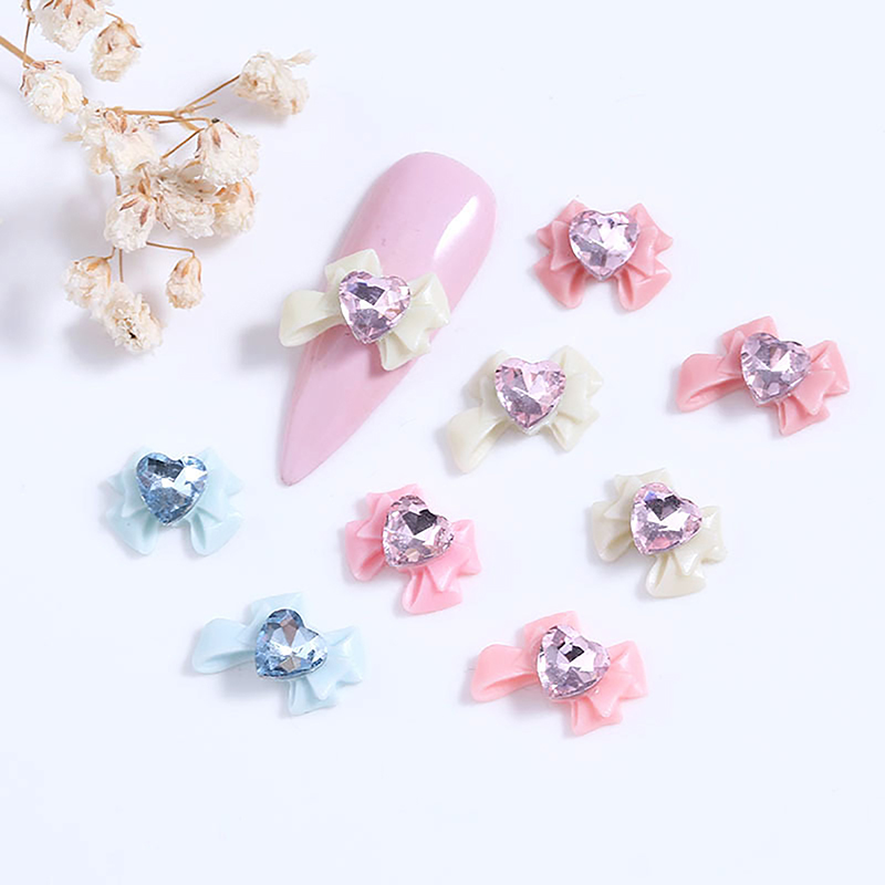 10pcs 3D Resin Bowknot Nail Charms Diamond Pink Ribbon Bow Rhinestone Jewelry Parts Manicure Decor DiIY Salon Accessory Gift.