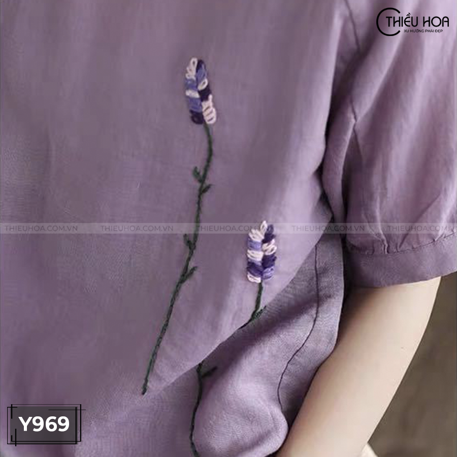 Áo Kiểu Nữ Linen Tay Bồng Thiều Hoa Y969