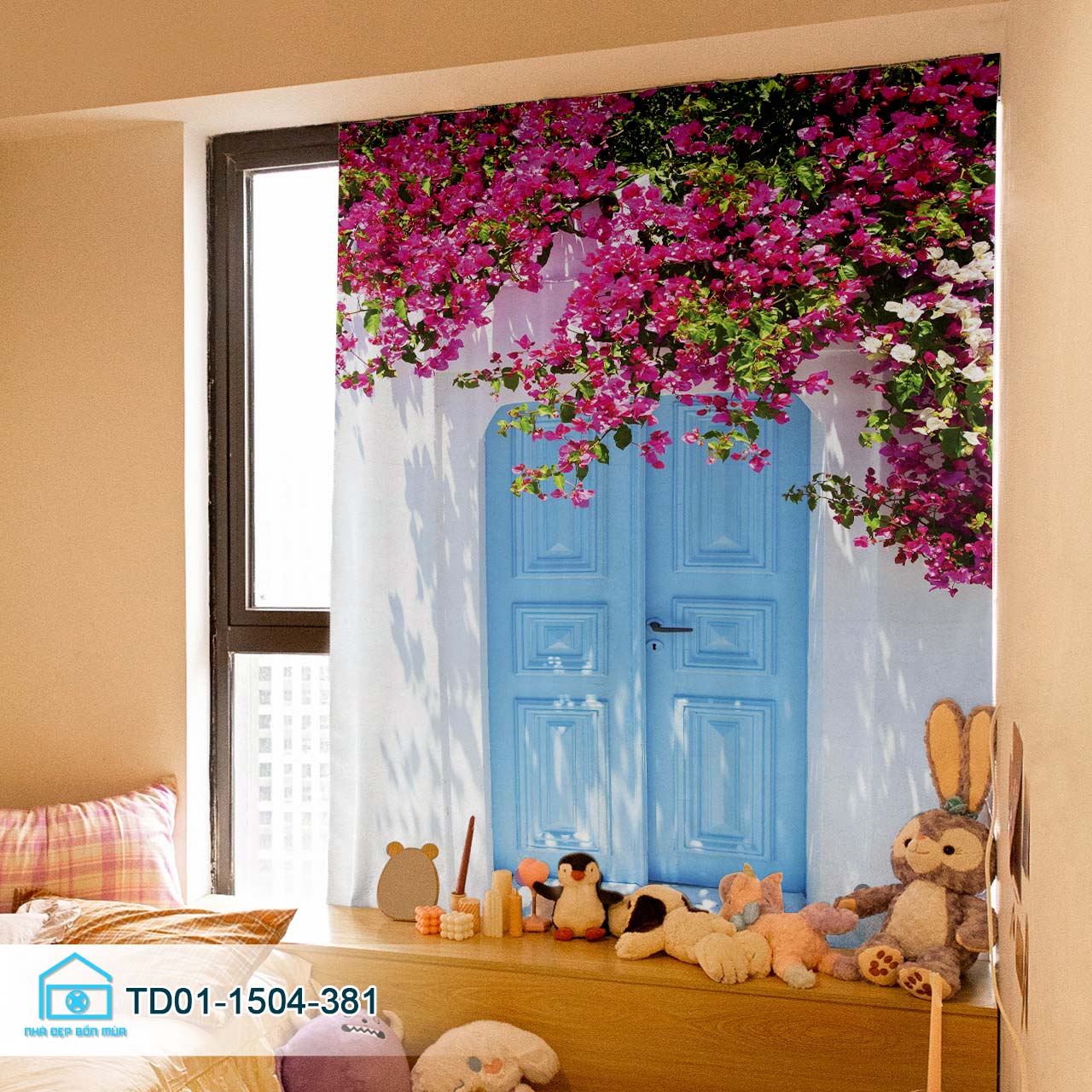 Rèm cửa sổ dán tường bình hoa, khung cửa sổ chill Tín Phát Decor, màn cửa dán tường tiện lợi