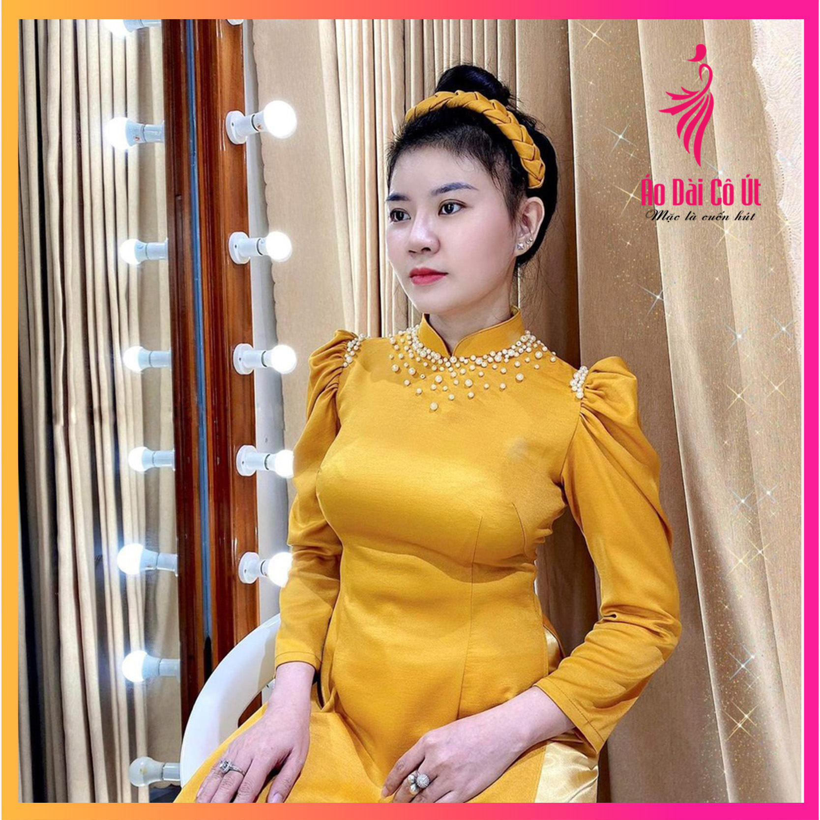 Áo dài đẹp tay bồng, vải lụa, đính ngọc cao cấp