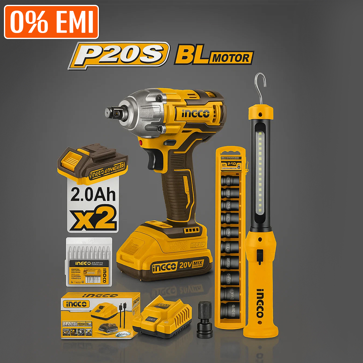 INGCO%20Cordless%202%20Pcs%20Combo%20Kit%20Including%201pcs%2020V%20300Nm%20Brushless%20Lithium-ion%20Impact%20Wrench(CIWLI2038)%20,1pcs%20Work%20Lamp,2%20Pcs%202.0Ah%20Battery%20Pack,1%20Pcs%20Charger%20and%20%20Accessories(HWLI35261)%20-%20Image%202