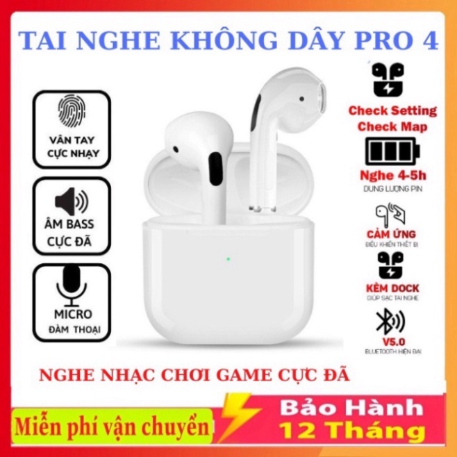 Tai Nghe Bluetooth Pro4, tai nghe blutooth Nhét Tai Bluetooth 5.0 Bản nước ngoài tương ứng toàn bộ Dòng Máy HOT