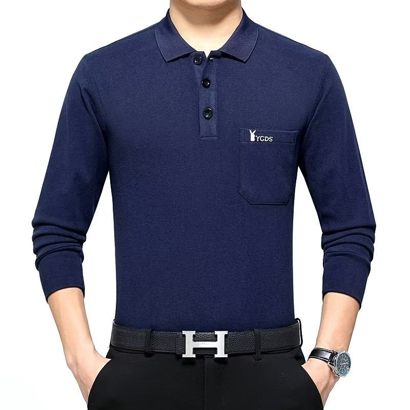 KYUSHUAD Men's double-sided brushed German velvet warm long-sleeved Polo collar T-shirt