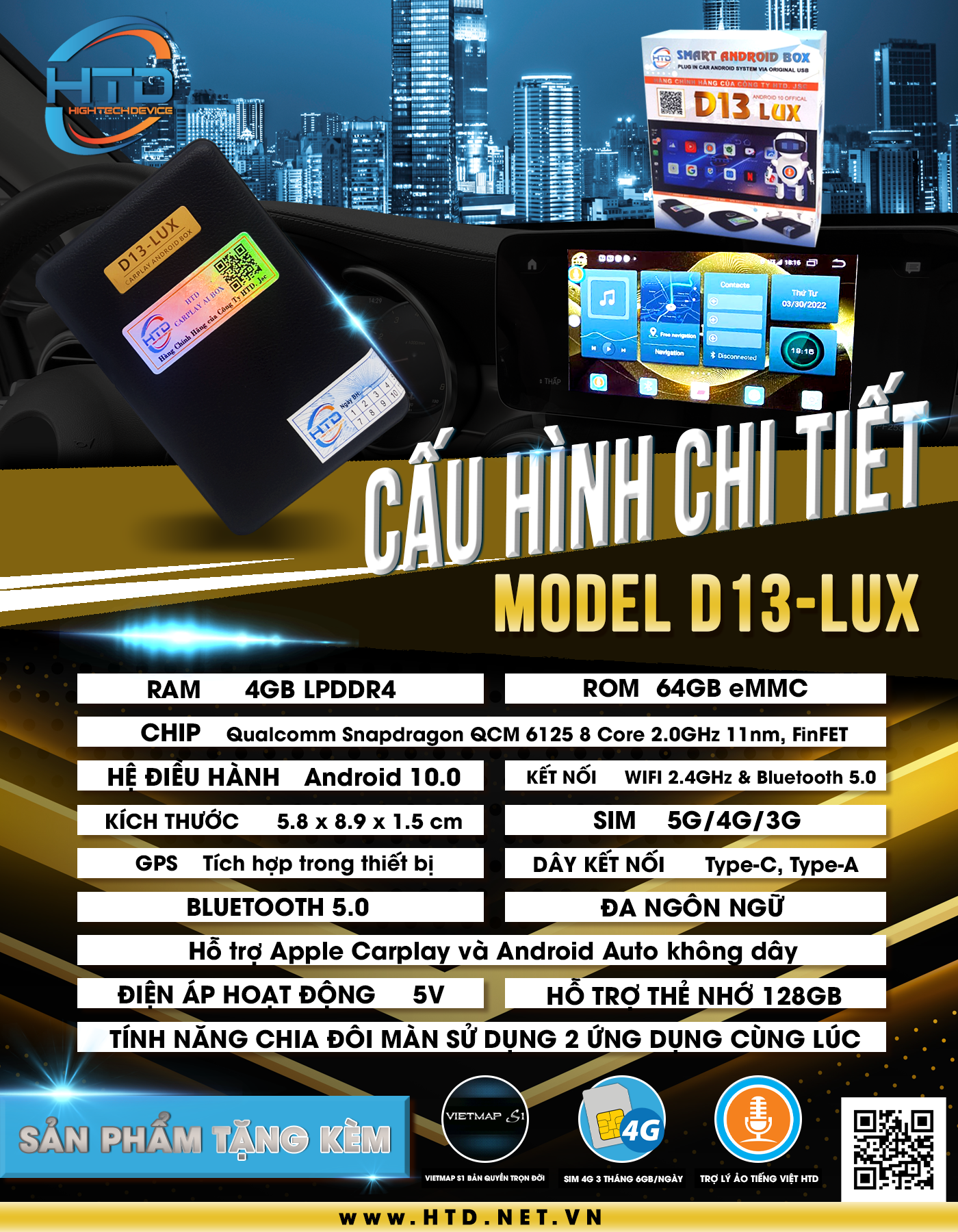 HTD Smart Android Box ô tô D13 Lux – Android 10 Offical