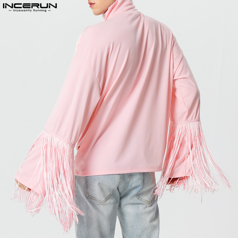INCERUN Mens Long Sleeve High Neck Personality Party Plain Pullover Tassel Patchwork T-Shirts (Western Style)