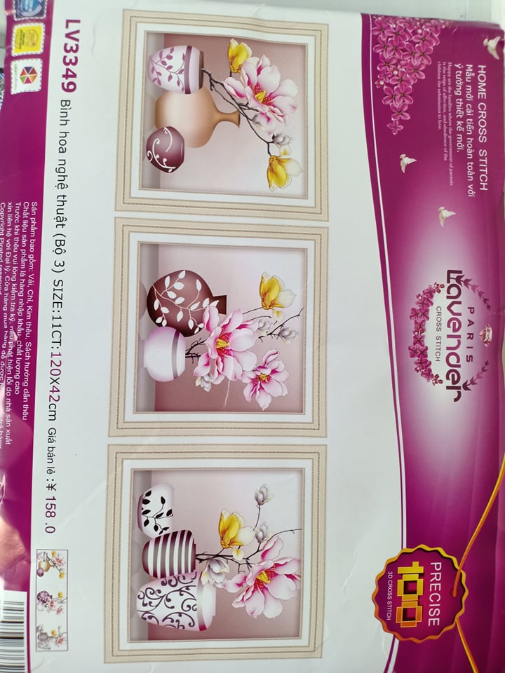 Tranh thêu chữ thập bộ 3 bình hoa nghệ thuật LV3349