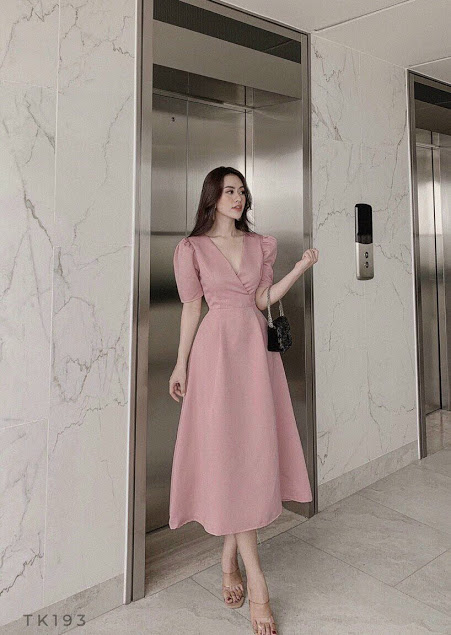 [HCM]ĐẦM CỔ V ĐẮP CHÉO TAY PHỒNG CÁCH ĐIỆU