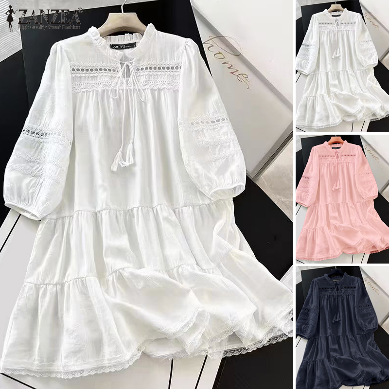 ZANZEA%20Women%20Vacation%20O%20Neck%20Tassel%20Lace%20Up%20A-Line%20Dress%20Lace%20Splicing%203/4%20Lantern%20Sleeve%20Solid%20Midi%20Dresses%20-%20Image%204