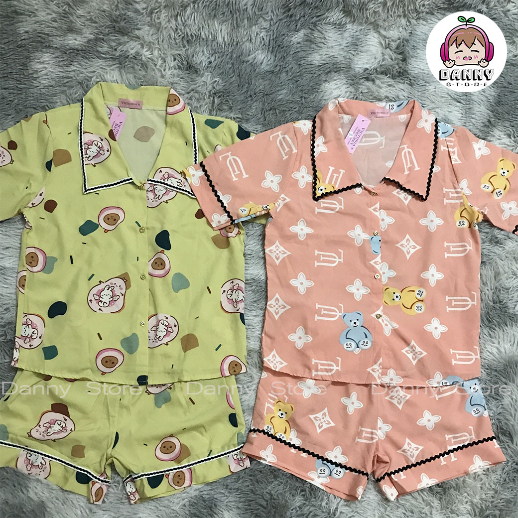 Đồ bộ Pijama ngắn, Đồ bộ lụa Mango họa tiết dễ thương cho nữ
