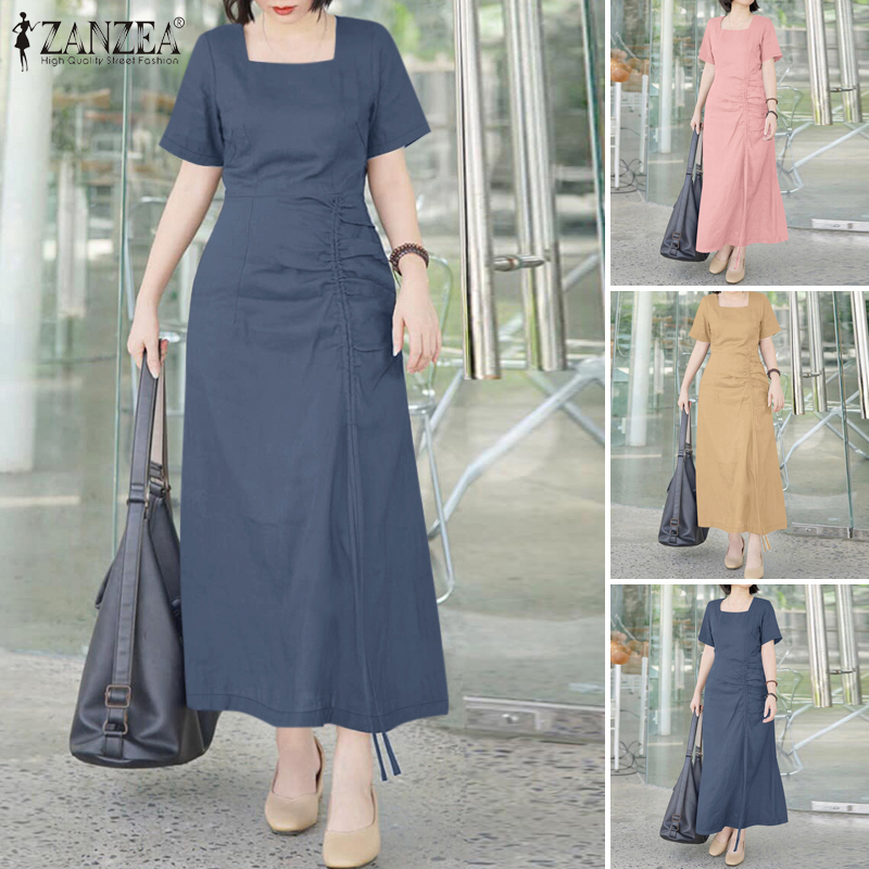 ZANZEA%20Korean%20Style%20Women%20New%20Fashion%20Square%20Neck%20Dresses%20Raglan%20Sleeve%20A-Line%20Drawstring%20Midi%20Solid%20Dress%20#0303%20-%20Image%205