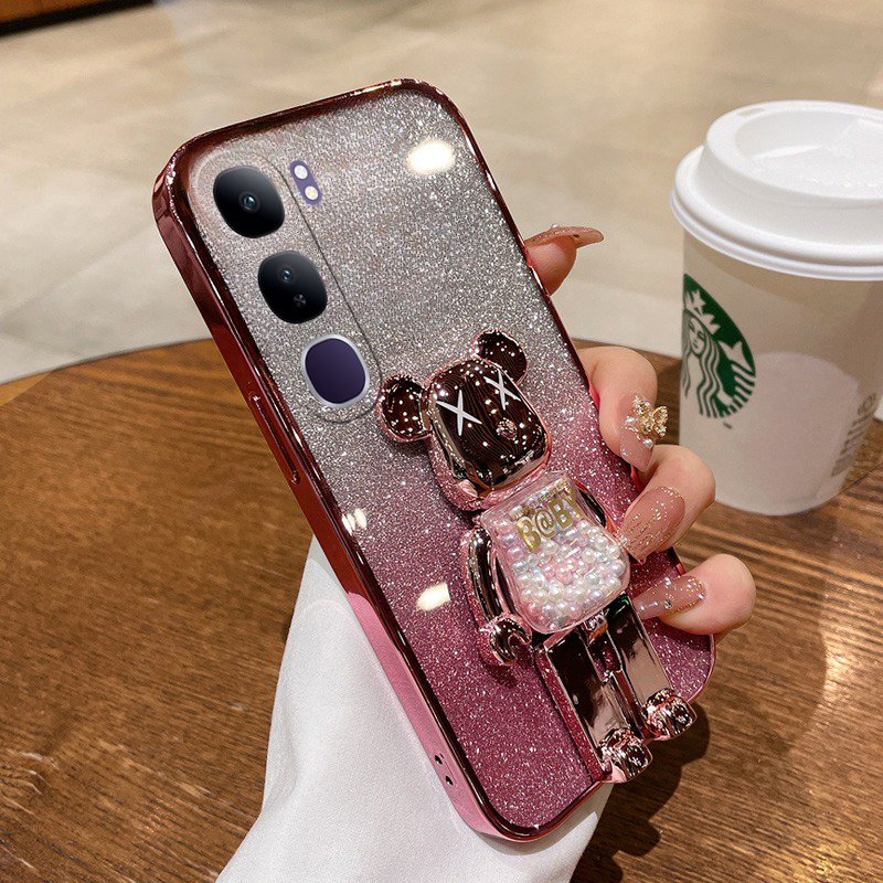 New Phone case Vivo Y300 5G Back Cover with Cartoon 3D Bear Stand Luxury Slim Gradient Plating Glitter Girls Stylish for Vivo Y300 5G case. 