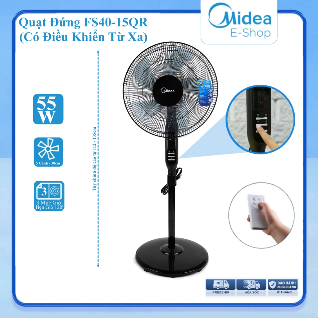 Quạt Đứng 5 Cánh Midea FS40-15QR (Công Suất 55W, Chỉnh Gió 3 Tốc Độ, Có Chức Năng Hẹn Giờ & Điều Khiển Từ Xa)